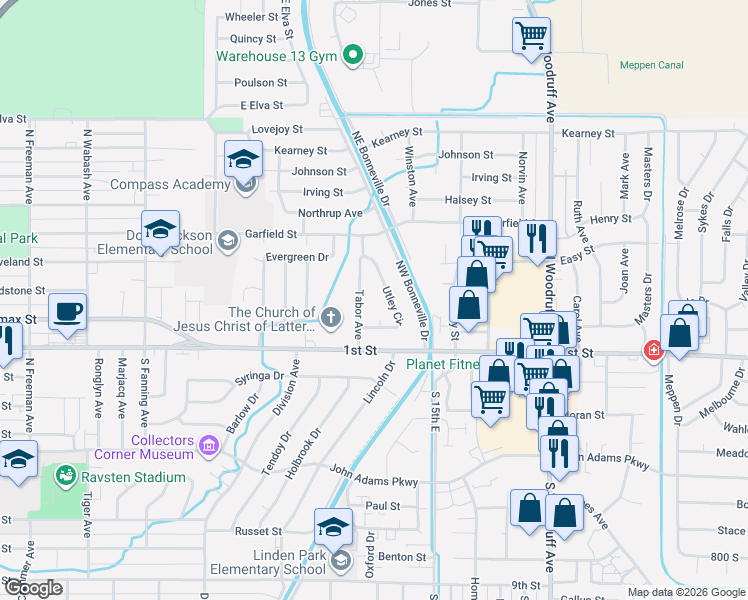 map of restaurants, bars, coffee shops, grocery stores, and more near 280 Tabor Avenue in Idaho Falls