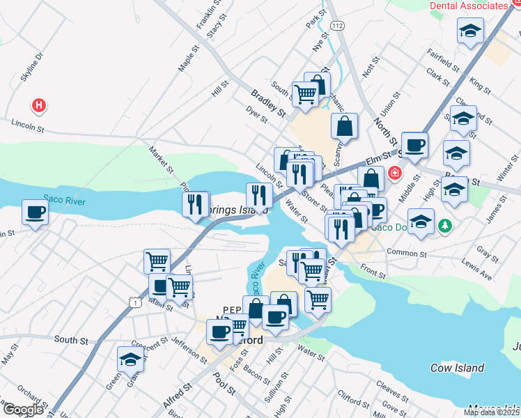 map of restaurants, bars, coffee shops, grocery stores, and more near 3 Elm Street in Biddeford