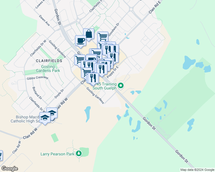 map of restaurants, bars, coffee shops, grocery stores, and more near 1871 Gordon Street in Guelph