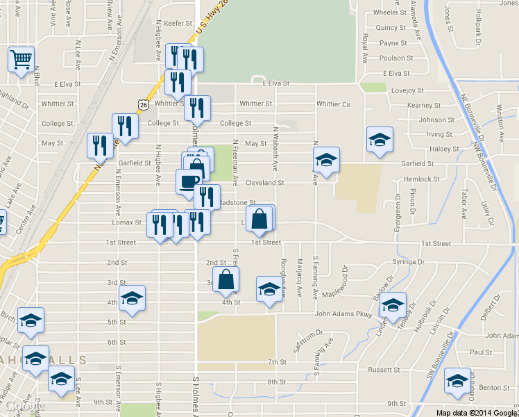 map of restaurants, bars, coffee shops, grocery stores, and more near 650 Gladstone St in Idaho Falls