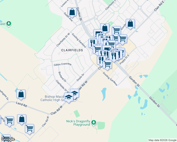 map of restaurants, bars, coffee shops, grocery stores, and more near 45 Doyle Drive in Guelph