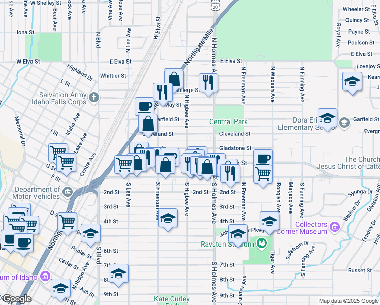 map of restaurants, bars, coffee shops, grocery stores, and more near 290 North Higbee Avenue in Idaho Falls