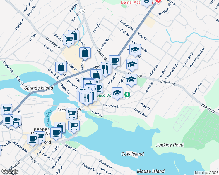 map of restaurants, bars, coffee shops, grocery stores, and more near 59 Middle Street in Saco