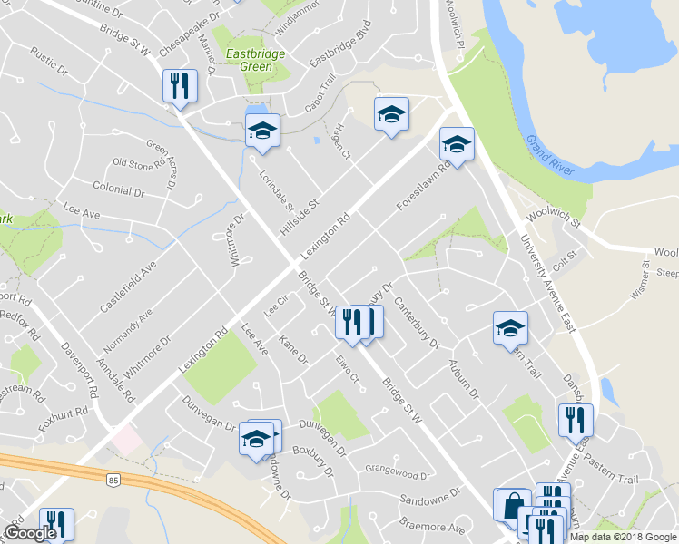 map of restaurants, bars, coffee shops, grocery stores, and more near 363 Forestlawn Road in Waterloo