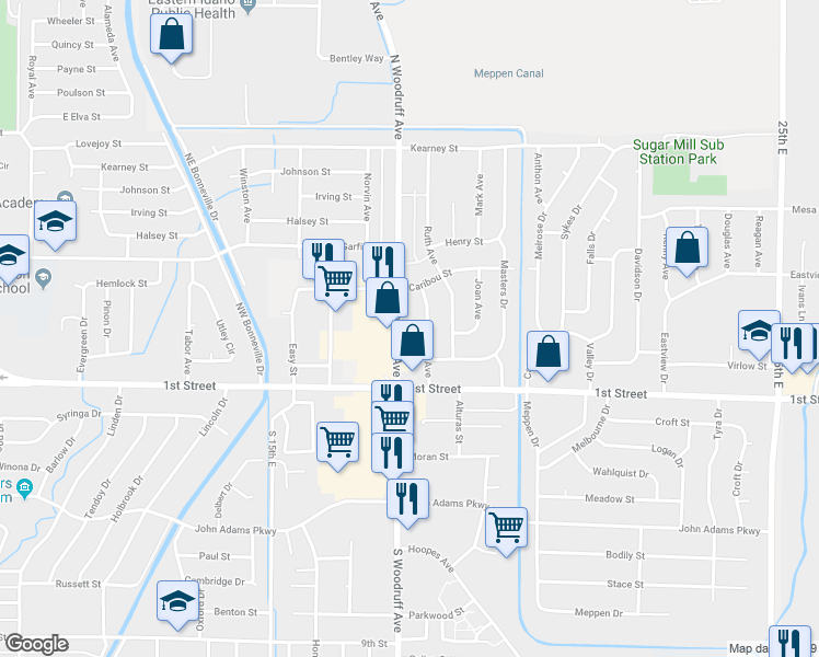 map of restaurants, bars, coffee shops, grocery stores, and more near 286 North Woodruff Avenue in Idaho Falls