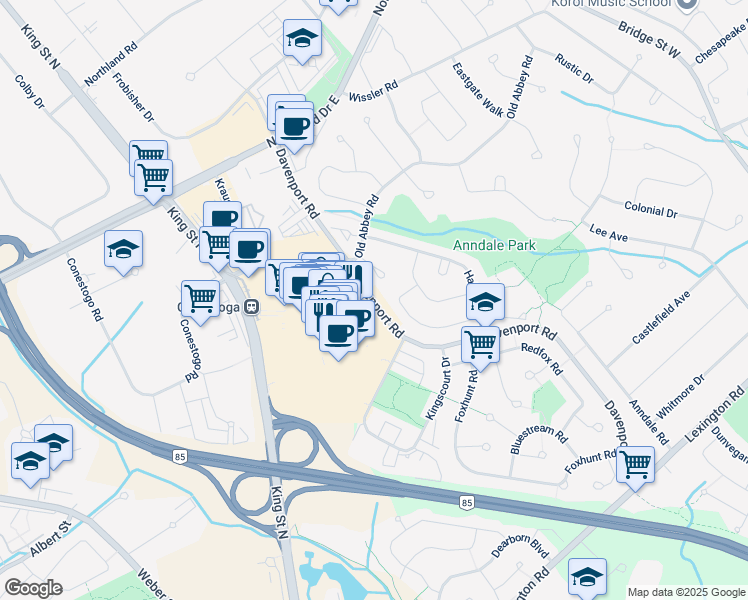 map of restaurants, bars, coffee shops, grocery stores, and more near Davenport Road in Waterloo