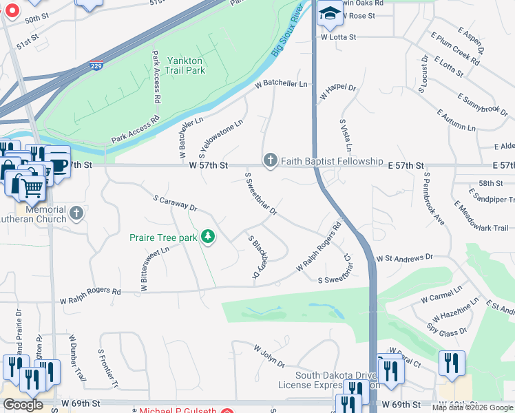 map of restaurants, bars, coffee shops, grocery stores, and more near 5001 South Sweetbriar Drive in Sioux Falls