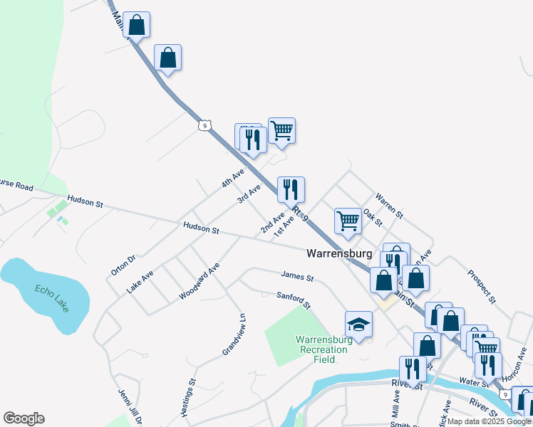 map of restaurants, bars, coffee shops, grocery stores, and more near 5 Thomson St in Warrensburg