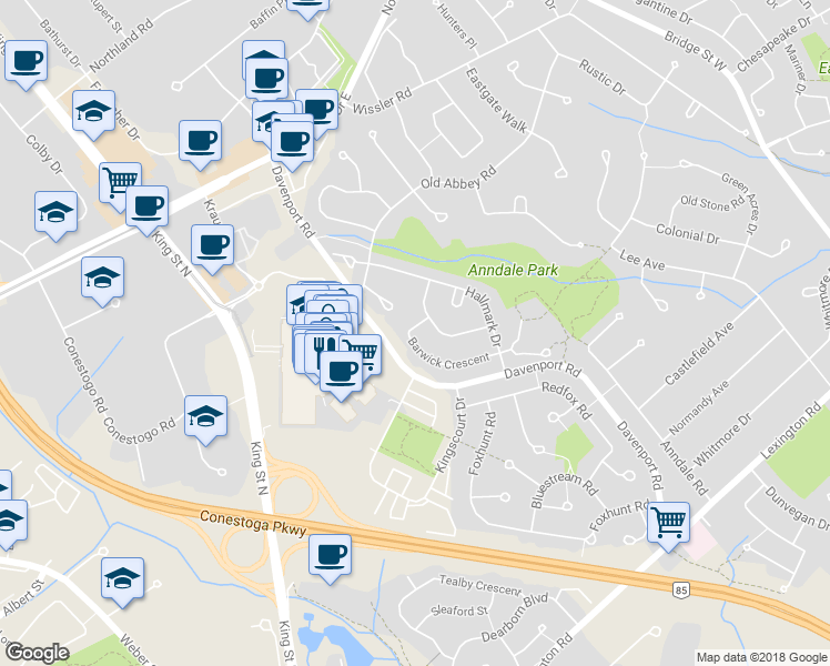 map of restaurants, bars, coffee shops, grocery stores, and more near 550 Barwick Crescent in Waterloo