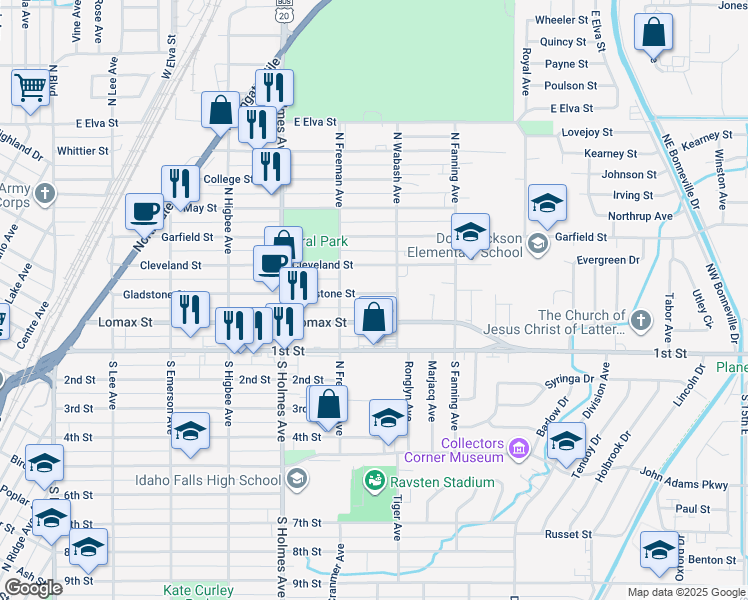 map of restaurants, bars, coffee shops, grocery stores, and more near 650 Gladstone Street in Idaho Falls