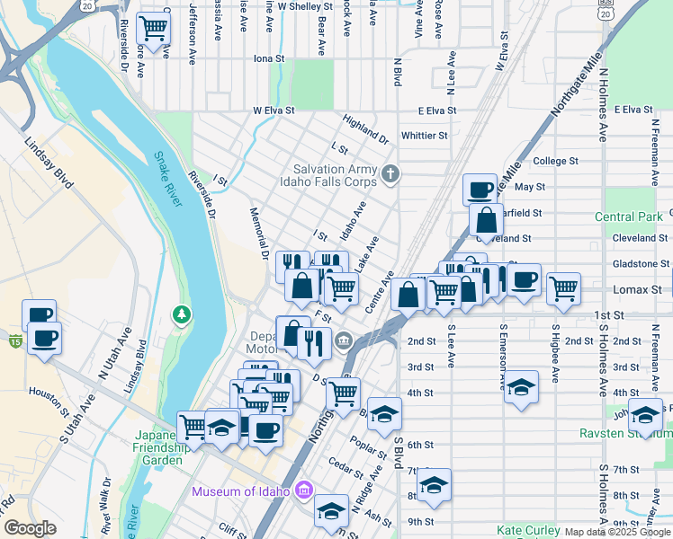 map of restaurants, bars, coffee shops, grocery stores, and more near 374 H Street in Idaho Falls