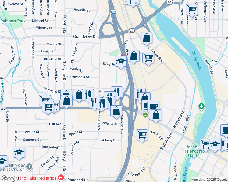map of restaurants, bars, coffee shops, grocery stores, and more near 1471 Mountain View Lane in Idaho Falls
