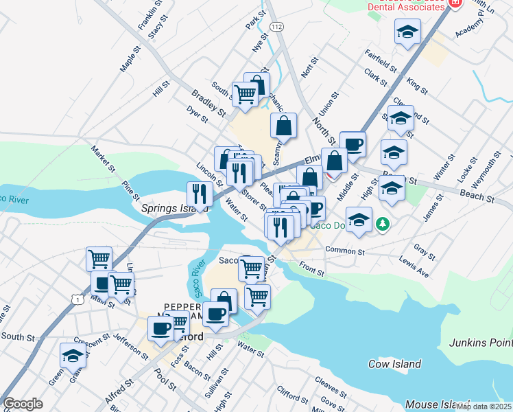 map of restaurants, bars, coffee shops, grocery stores, and more near 56 Storer Street in Saco