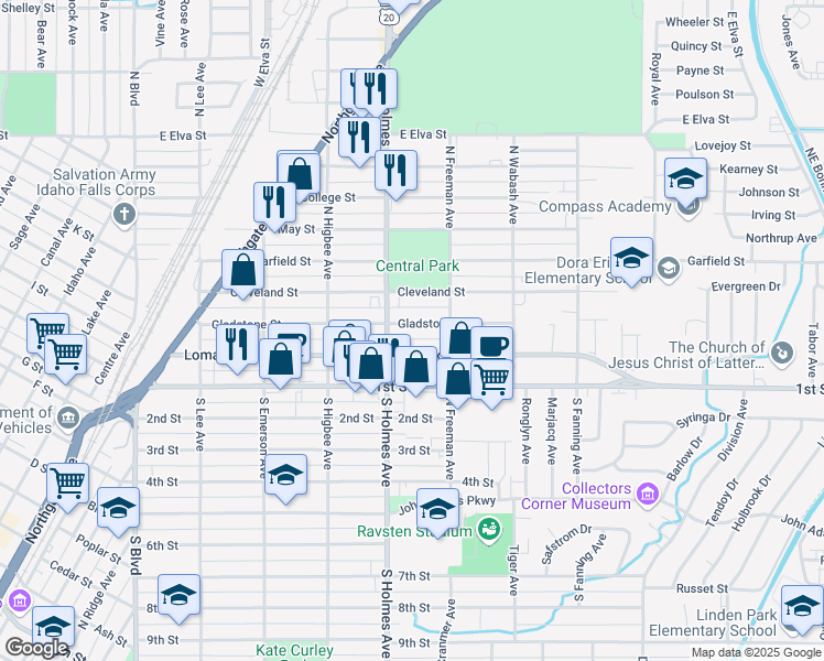 map of restaurants, bars, coffee shops, grocery stores, and more near 532 Gladstone Street in Idaho Falls