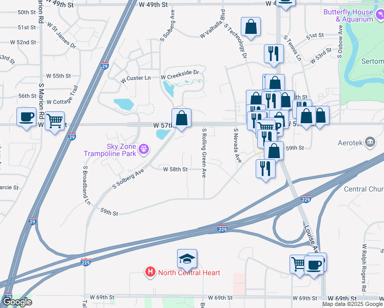 map of restaurants, bars, coffee shops, grocery stores, and more near 5105 South Rolling Green Avenue in Sioux Falls