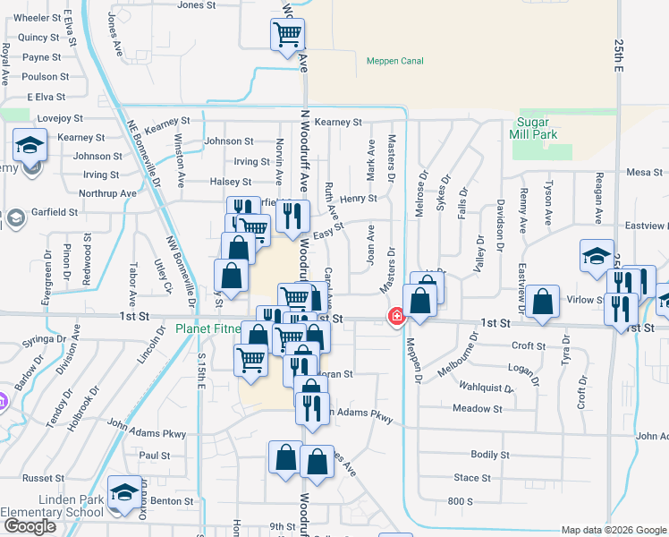 map of restaurants, bars, coffee shops, grocery stores, and more near 290 Carol Avenue in Idaho Falls