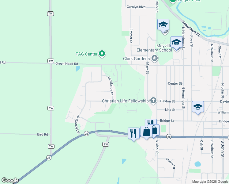 map of restaurants, bars, coffee shops, grocery stores, and more near 248 Brookside Drive in Mayville