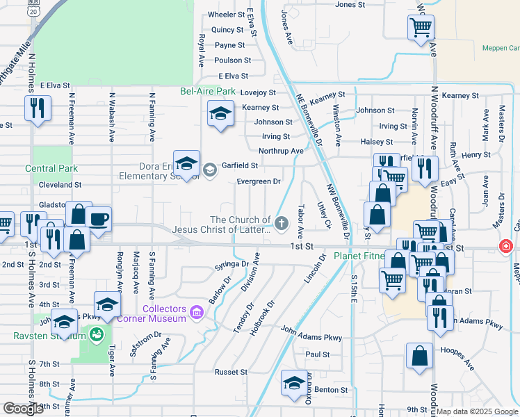 map of restaurants, bars, coffee shops, grocery stores, and more near 281 Redwood Drive in Idaho Falls