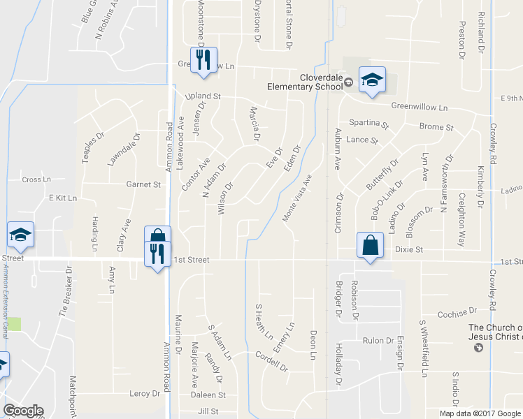 map of restaurants, bars, coffee shops, grocery stores, and more near 485 Eden Drive in Idaho Falls
