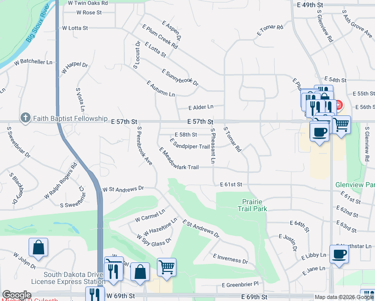 map of restaurants, bars, coffee shops, grocery stores, and more near 525 East Sandpiper Trail in Sioux Falls