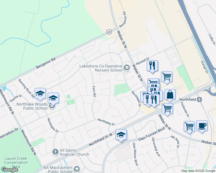 map of restaurants, bars, coffee shops, grocery stores, and more near in Waterloo