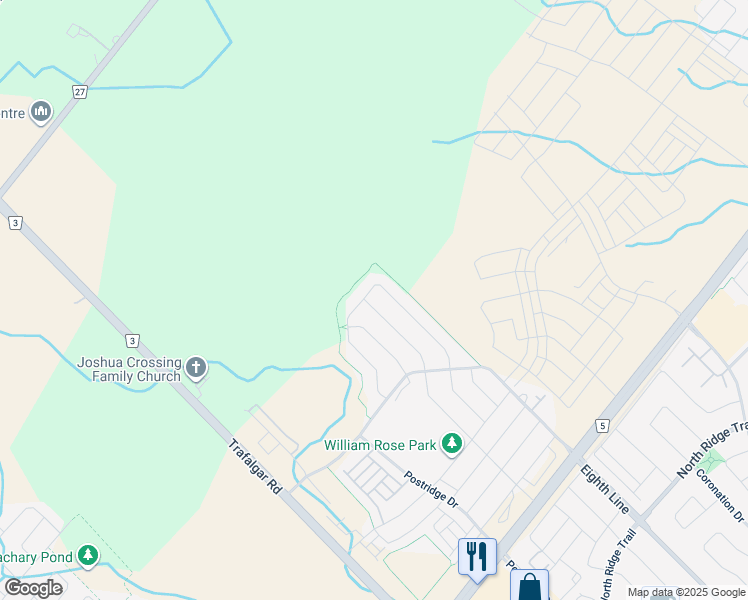 map of restaurants, bars, coffee shops, grocery stores, and more near 3231 William Rose Way in Oakville