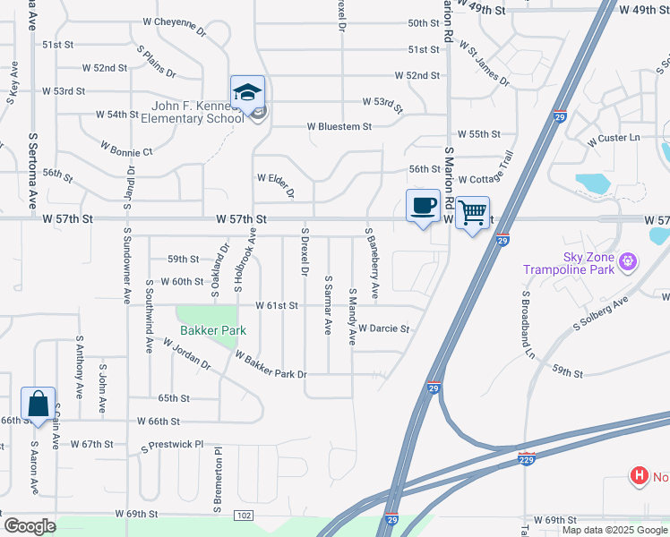map of restaurants, bars, coffee shops, grocery stores, and more near 5200 South Sarmar Avenue in Sioux Falls