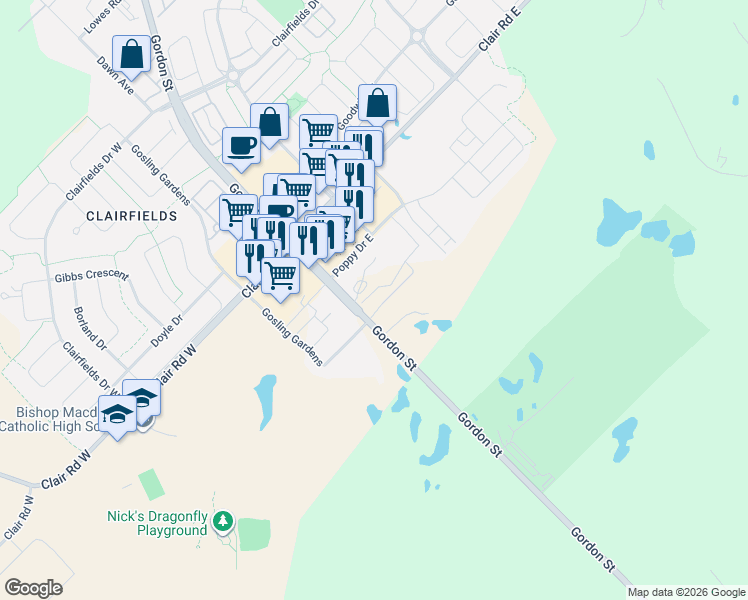 map of restaurants, bars, coffee shops, grocery stores, and more near 1878 Gordon Street in Guelph