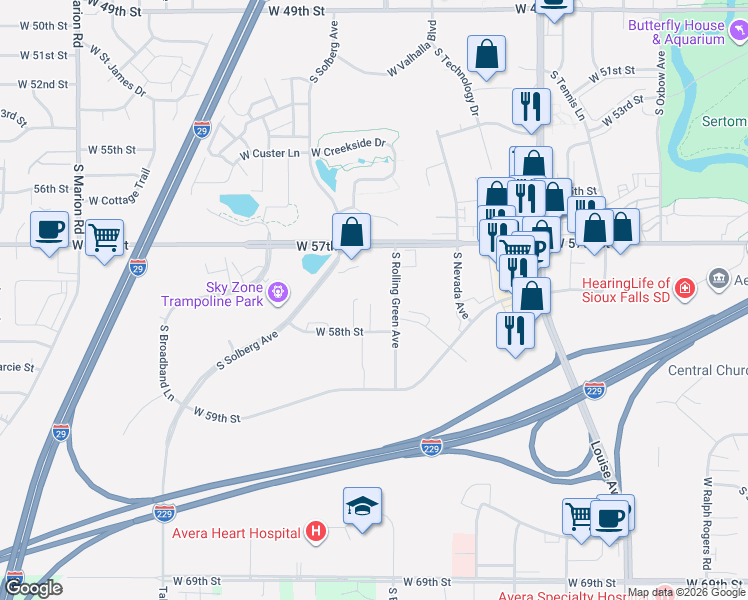 map of restaurants, bars, coffee shops, grocery stores, and more near 5109 South Rolling Green Avenue in Sioux Falls