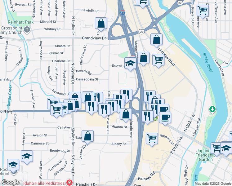 map of restaurants, bars, coffee shops, grocery stores, and more near 1491 Mountain View Lane in Idaho Falls