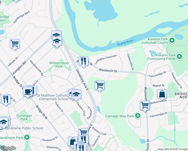 map of restaurants, bars, coffee shops, grocery stores, and more near 371 Maverick Street in Waterloo