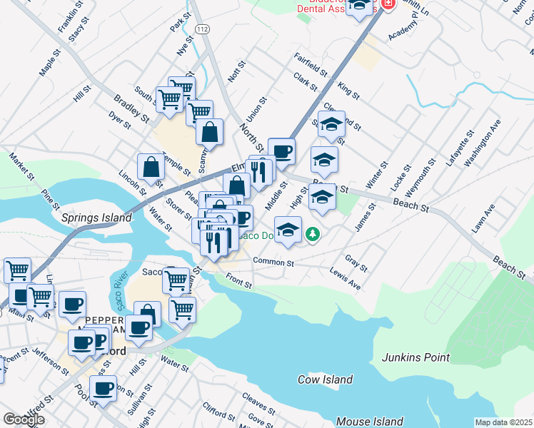 map of restaurants, bars, coffee shops, grocery stores, and more near 61 Middle Street in Saco
