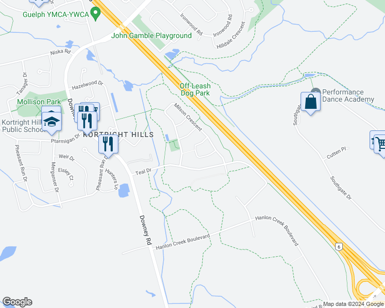 map of restaurants, bars, coffee shops, grocery stores, and more near 23 Peer Drive in Guelph