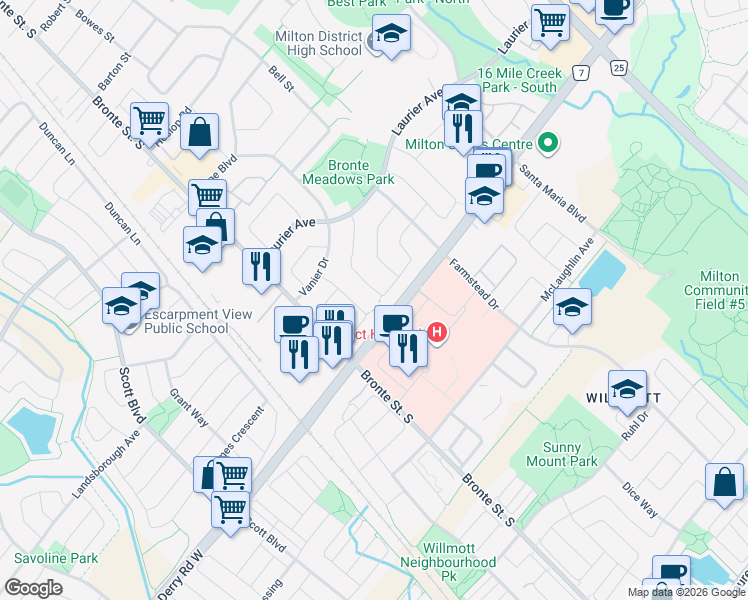 map of restaurants, bars, coffee shops, grocery stores, and more near 632 Roseheath Drive in Milton