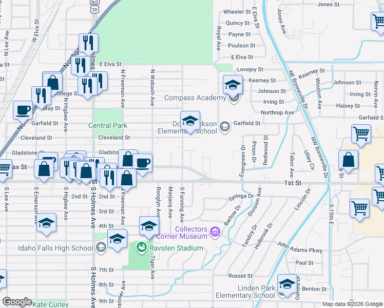 map of restaurants, bars, coffee shops, grocery stores, and more near 220 North Fanning Avenue in Idaho Falls