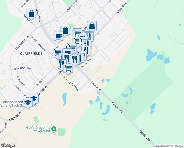 map of restaurants, bars, coffee shops, grocery stores, and more near 1878 Gordon Street in Guelph