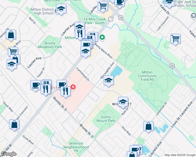 map of restaurants, bars, coffee shops, grocery stores, and more near 153 McLaughlin Avenue in Milton