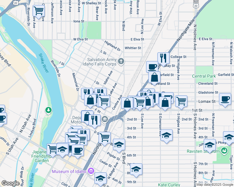 map of restaurants, bars, coffee shops, grocery stores, and more near 1100 Lake Avenue in Idaho Falls