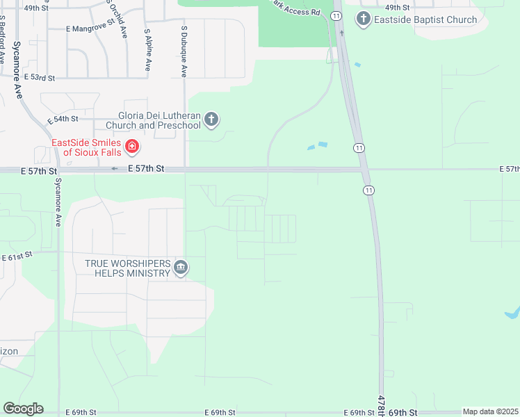 map of restaurants, bars, coffee shops, grocery stores, and more near 47765 East 57th Street in Harrisburg