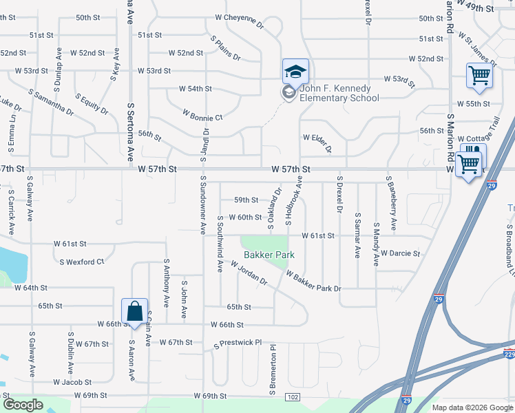 map of restaurants, bars, coffee shops, grocery stores, and more near 6205 West 59th Street in Sioux Falls