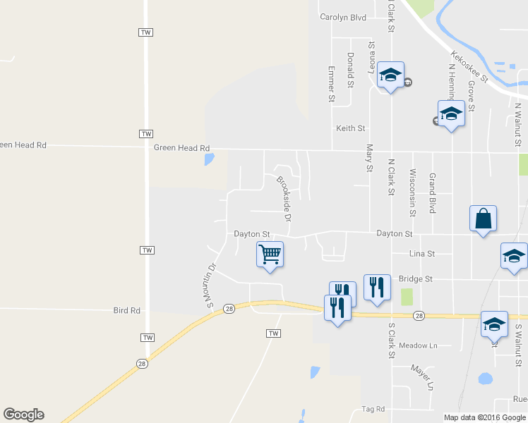 map of restaurants, bars, coffee shops, grocery stores, and more near 1627 Pineridge Court in Mayville
