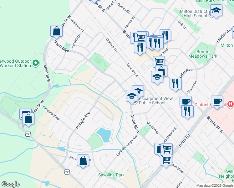 map of restaurants, bars, coffee shops, grocery stores, and more near 335 Wrigglesworth Crescent in Milton