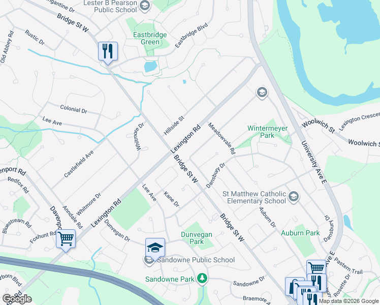 map of restaurants, bars, coffee shops, grocery stores, and more near 363 Forestlawn Road in Waterloo