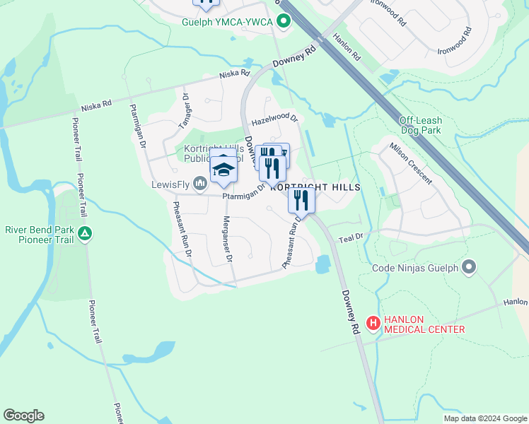 map of restaurants, bars, coffee shops, grocery stores, and more near 14 Wood Duck Court in Guelph
