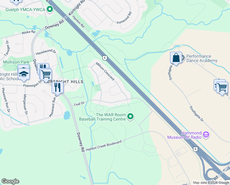 map of restaurants, bars, coffee shops, grocery stores, and more near 24 Peer Drive in Guelph