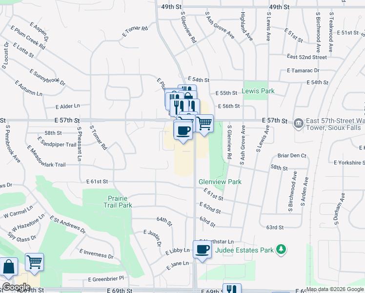 map of restaurants, bars, coffee shops, grocery stores, and more near 1231 East 57th Street in Sioux Falls
