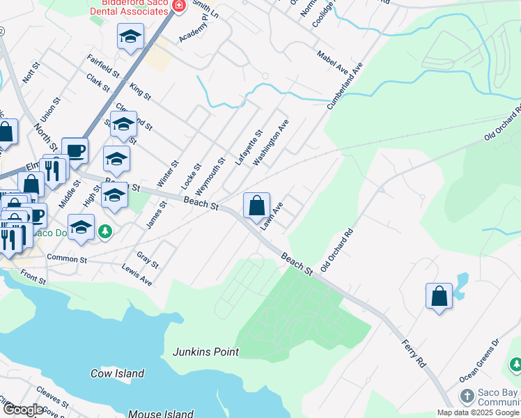 map of restaurants, bars, coffee shops, grocery stores, and more near 6 Lawn Avenue in Saco