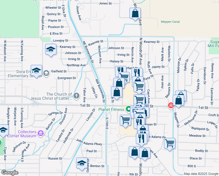 map of restaurants, bars, coffee shops, grocery stores, and more near 303 Easy Street in Idaho Falls