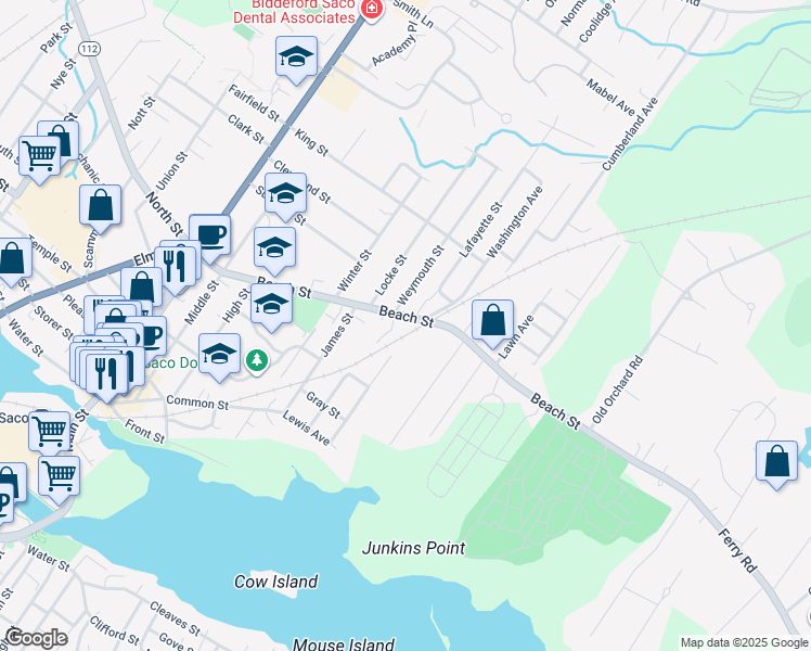 map of restaurants, bars, coffee shops, grocery stores, and more near 141 Beach Street in Saco