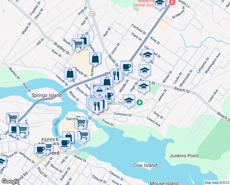 map of restaurants, bars, coffee shops, grocery stores, and more near in Saco